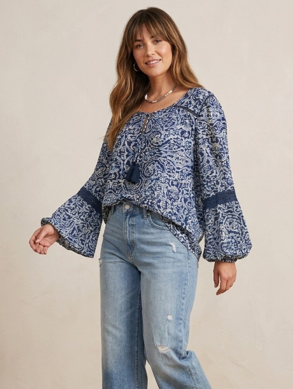Flowy Passport Boho Blouse Size Medium w/ Bell Sleeves And Gorgeous Tassels